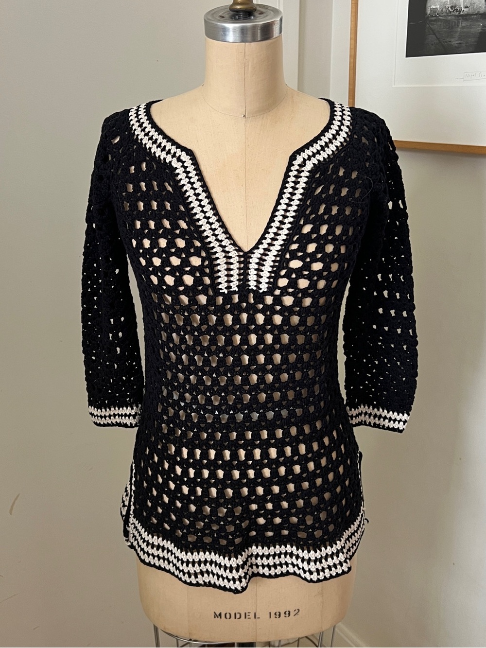 Black and White Open Crochet Swim CoverUp